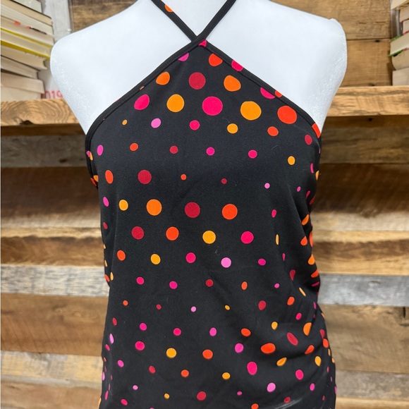 Express Tops - Express Black Halter Tank with Pink & Orange Polka Dots